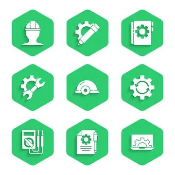 Set Worker safety helmet, Document settings and pen, Laptop gear, Gear arrows as 스톡 일러스트