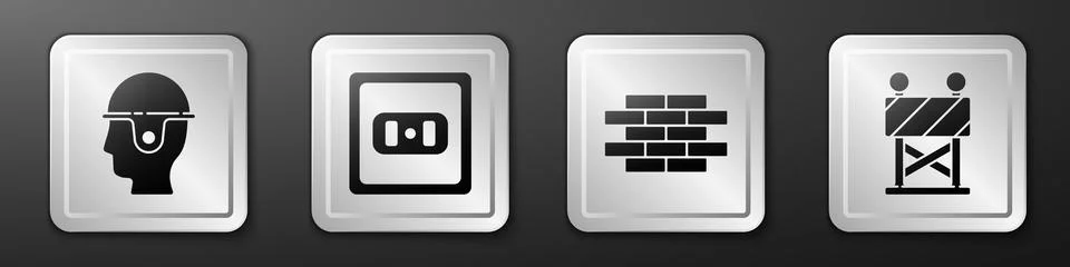 Set Worker safety helmet, Electrical outlet, Bricks and Road barrier icon. .. Stock Illustration