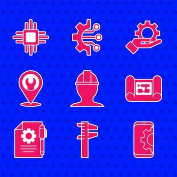 Set Worker safety helmet, Setting on smartphone, House plan, Document settings Illustrazione stock