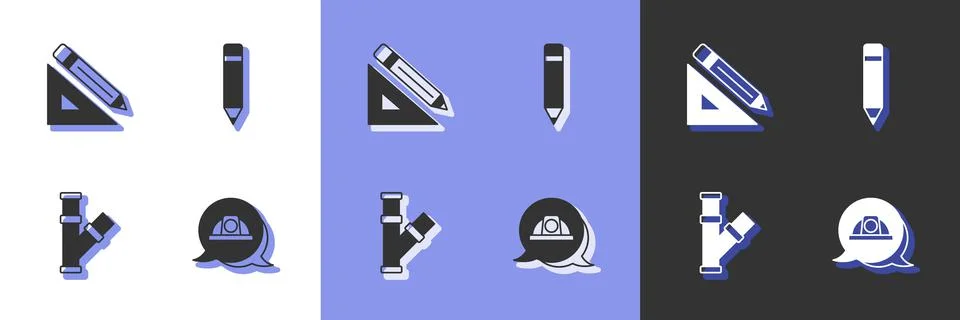 Set Worker safety helmet, Triangular ruler and pencil, Industry metallic pipe Stock Illustration
