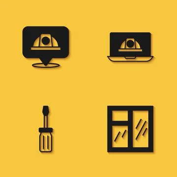 Set Worker safety helmet, Window in room, Screwdriver and icon with long shadow Stock Illustration