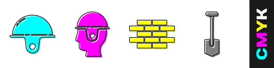 Set Worker safety helmet, Worker safety helmet, Bricks and Shovel icon. Vector Stock Illustration