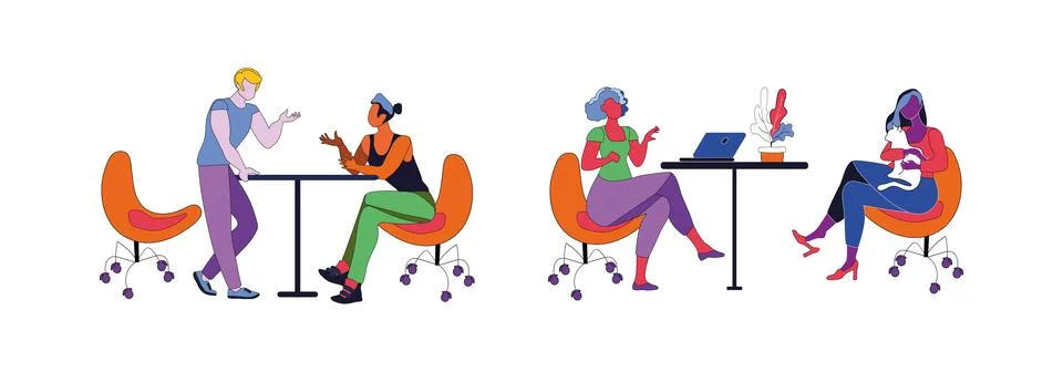 Set workers in a comfortable workplace. Distant work. vector illustration. Illustrazione stock