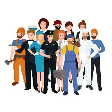 Set workers team, profession people uniform, cartoon vector illustration Stock Illustration