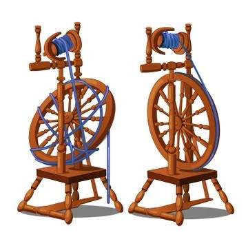 Set of a working and broken antique wooden spinning wheel with yarn and bobbins Stock Illustration