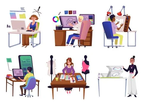 Set of working designer characters from different fields flat style Illustrazione stock