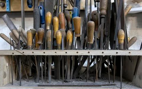 Set of working tools on board background Stock Photos