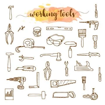 Set of working tools, doodle sketch Stock Illustration