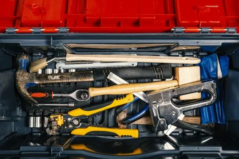 Set of working tools in tool box, top view. DIY theme Fotos Stock