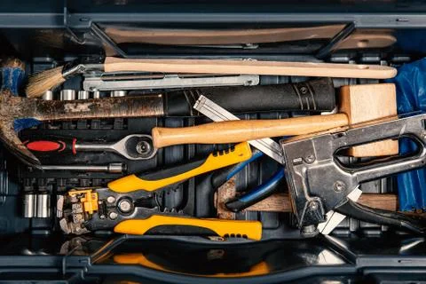 Set of working tools in tool box, top view. Do it yourself Foto stock