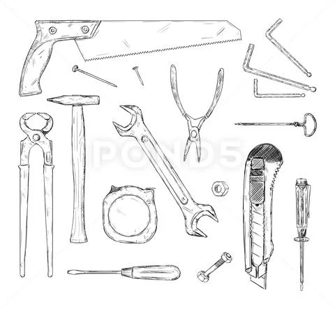 Set of Working Tools. Vector Hand Drawn Black and White Illustration ...