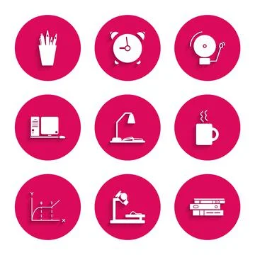 Set Workplace with table lamp and open book, Coffee cup, Pie chart infographic Stock Illustration