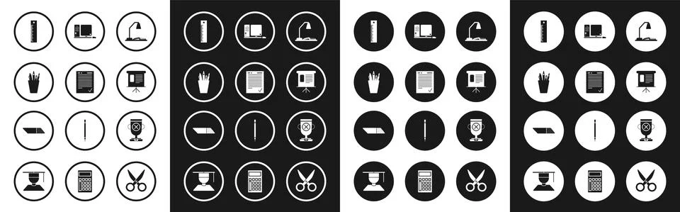 Set Workplace with table lamp and open book, schedule, chart, diagram Stock-Illustration