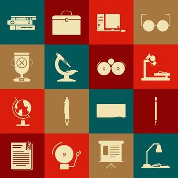 Set Workplace with table lamp and open book, Pencil eraser, Microscope, Computer Stock Illustration