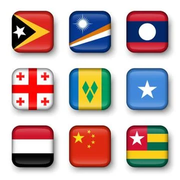 Set of world flags quadrangular badges Stock Illustration