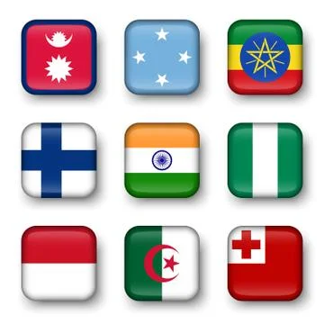 Set of world flags quadrangular badges Stock Illustration