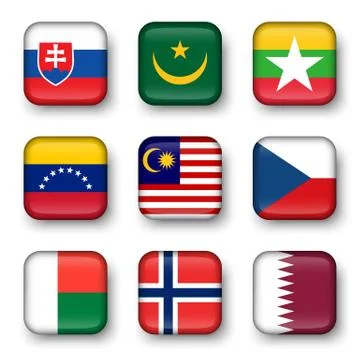 Set of world flags quadrangular badges Stock Illustration