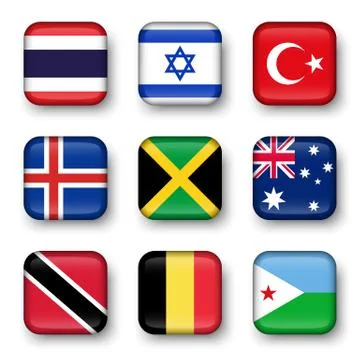 Set of world flags quadrangular badges Stock Illustration