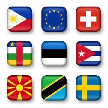 Set of world flags quadrangular badges Stock Illustration