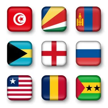 Set of world flags quadrangular badges Stock Illustration