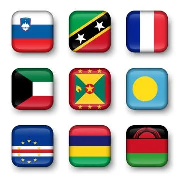 Set of world flags quadrangular badges Stock Illustration