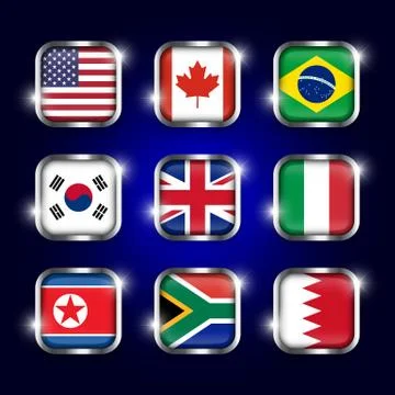 Set of world flags quadrangular glass buttons with steel border and twinkle Stock Illustration