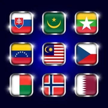 Set of world flags quadrangular glass buttons with steel border and twinkle Stock Illustration