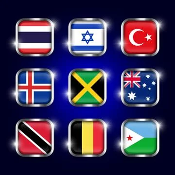 Set of world flags quadrangular glass buttons with steel border and twinkle Stock Illustration