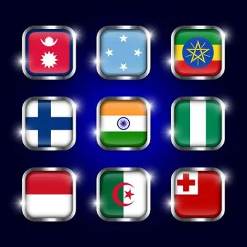 Set of world flags quadrangular glass buttons with steel border and twinkle Stock Illustration
