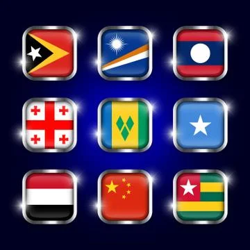 Set of world flags quadrangular glass buttons with steel border and twinkle Stock Illustration