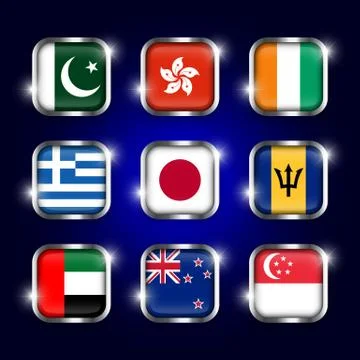 Set of world flags quadrangular glass buttons with steel border and twinkle Stock Illustration