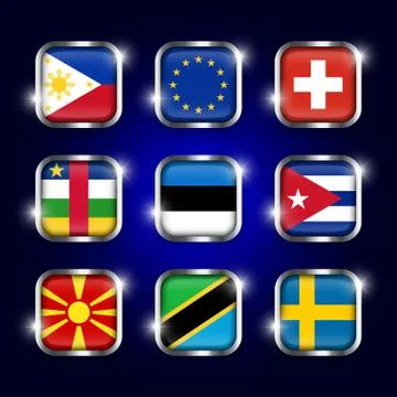 Set of world flags quadrangular glass buttons with steel border and twinkle Stock Illustration