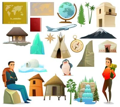 Set World geography objects.Travel items and plants trees of climatic zones Stock Illustration