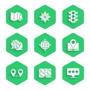 Set World globe with compass, City map navigation, Map pointer star, Laptop Stock Illustration