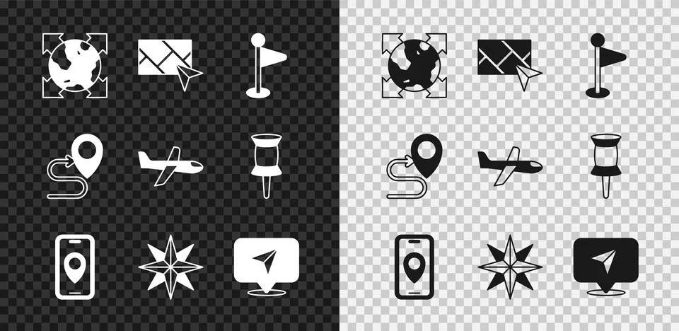 Set World globe with compass, City map navigation, Location marker, Wind rose Illustrazione stock