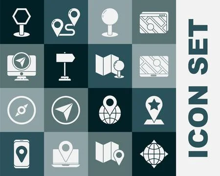 Set World globe with compass, Map pointer star, City map navigation, Push pin Stock Illustration