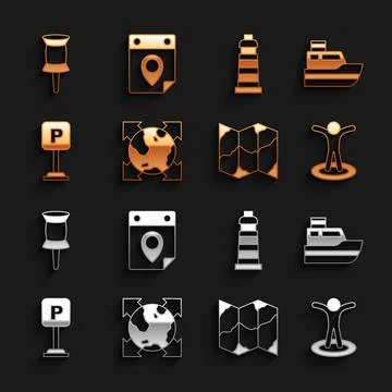 Set World globe with compass, Ship line path, Location person, Folded map Stock Illustration