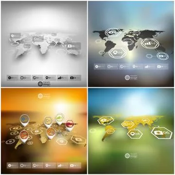 Set of world maps in perspective, blurred infographic vector templates for Illustrazione stock