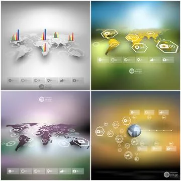Set of world maps in perspective, blurred infographic vector templates for Illustrazione stock