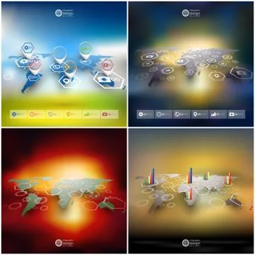 Set of world maps in perspective, blurred infographic vector templates for Illustrazione stock