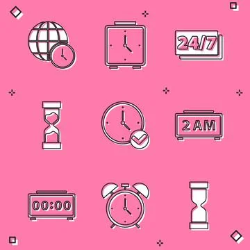 Set World time, Alarm clock, Clock 24 hours, Old hourglass, Digital alarm, and 스톡 일러스트