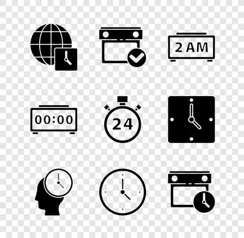 Set World time, Calendar with check mark, Digital alarm clock, Time Management Illustrazione stock