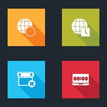 Set World time, , Calendar date delete and Clock on laptop icon. Vector Stock Illustration