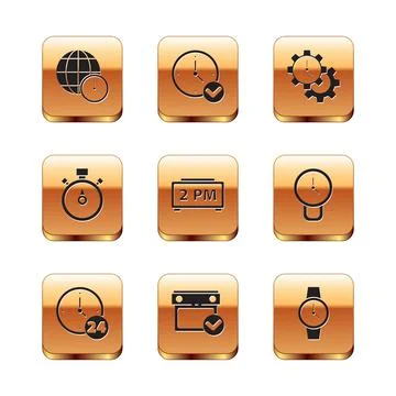 Set World time, Clock 24 hours, Calendar with check mark, Digital alarm clock Illustrazione stock