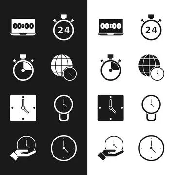 Set World time, Stopwatch, Clock on laptop, 24 hours,  and  icon. Vector Stock Illustration