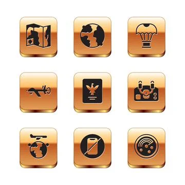 Set World travel map, Globe with flying plane, No cell phone, Passport, UAV Stock Illustration