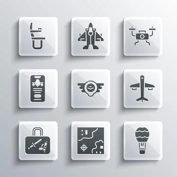 Set World travel map, Hot air balloon, Plane, Aviation emblem, Suitcase, Mo.. Stock Illustration