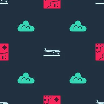 Set World travel map, Plane and Cloud weather on seamless pattern. Vector Stock Illustration