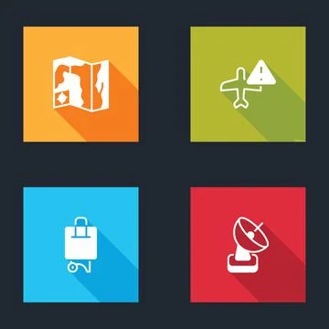 Set World travel map, Warning aircraft, Suitcase and Radar icon. Vector Illustration