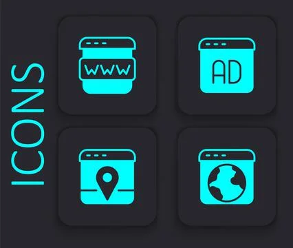 Set Worldwide, Browser window, Advertising and Infographic of city map icon.  Ilustración de archivo
